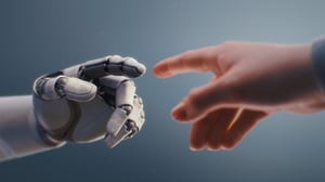 Robot/AI hand reaching out to meet a human hand
